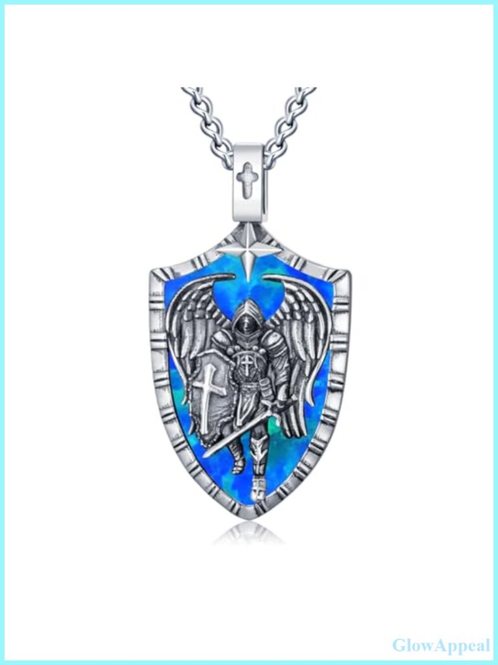 Sterling Silver Patron Saint Michael Amulet Necklace with Created Opal Medal &